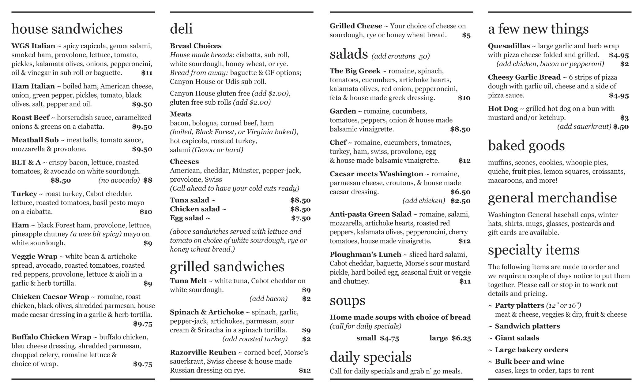 Second page of the menu for the washington general store in washington, maine.